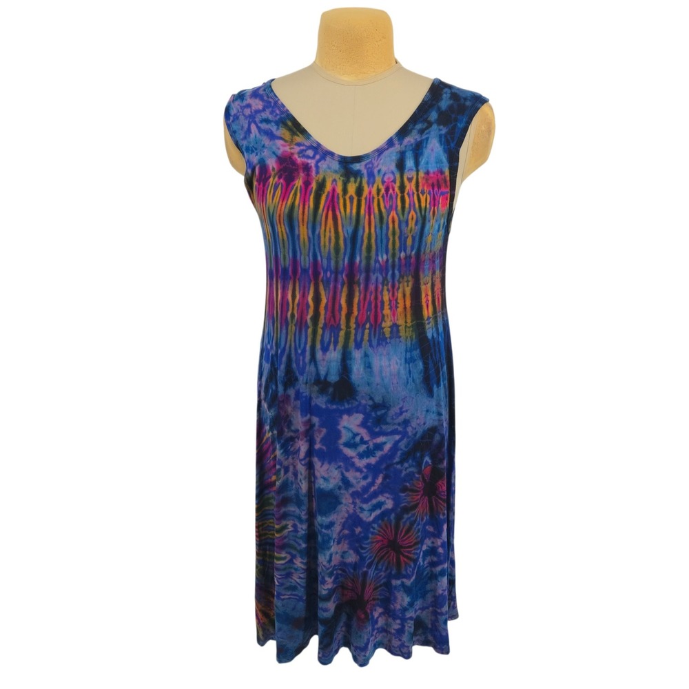 Sacred Threads Midi Dress Womens OS Blue Tie Dye Sleeveless Rayon Boho Festival
